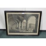 Black and white print, Covent Garden Plaza, housed in a gilt and ebonised frame, the print 57cm x