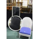 Lloyd loom style bedroom chair, circular mirror with white frame, 79cm diameter, rectangular