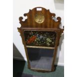George III style mahogany wall mirror, with a rectangular plate and foliate painted panel above,