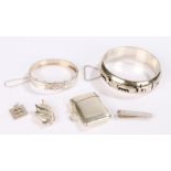 Silver jewellery, to include two bracelets, two pendants, a vesta case and silver tie pin