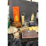 Decorative items to include a tray, boxes, a lamp, pots and covers etc. (qty)