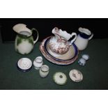 Wash sets, to include three jugs, three wash bowls, soap dishes, vases etc. (qty)