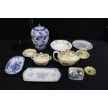 Porcelain to include 19th Century teapot, covered sugar bowl, tea cup and two saucers, Oriental vase