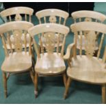 Set of six farmhouse style beech dining chairs, with curved cresting rails pierced scroll splat