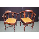Edwardian corner chair, with marquetry inlaid cresting rail and splat backs, shaped seat, on