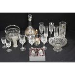 Glassware to include Waterford salt and pepper pots, Royal Doulton Champagne flutes, Bohemia glass