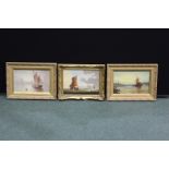 Three oil on board seascapes with fishing vessels to the foreground, all housed in gilt frames,
