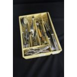 Cutlery tray, containing sugar tongs, nut crackers and picks, pickle forks, soup spoons,etc. (qty)