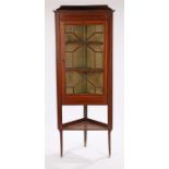 Early 20th Century standing corner display cabinet, the gallery top above an astragal glazed door