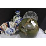 Japanese Imari bowl, together with a Delft ewer with stopper a glass bowl, a studio pottery pot