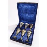 Set of six plated sake cups, housed in a blue velvet lined case