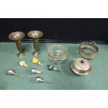 Pair Indian brass vases, plated muffin dish, plate mounted glass bowl, bottle pourers etc. (qty)