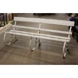 Wrought iron garden bench, with white painted slatted back and seat