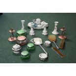 Porcelain dressing table set with floral decoration, puce enamel decorated dressing table set, three