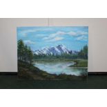 Oil on canvas by the artist Jan Wasilewski entitled 'The Lake and the Mountains', 61 cm x 46 cm.(