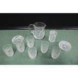 Webb-Corbett glass jug, six tumblers, two Waterford crystal dishes, Waterford preserve pot and cover