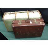 Bentwood and canvas cabin trunk, brown leather effect suitcase (2)