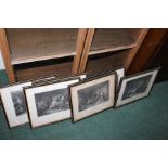 Six black and white prints depicting pub interior scenes and the village festival, housed in gilt