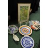Decorative plates, glassware, watercolour depicting flowers (qty)