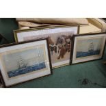 Pictures and prints to include famous racehorses, sailing ships bevelled mirror etc. (6)
