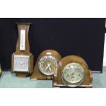 Two oak cased mantel clocks, oak cased barometer/thermometer (3)