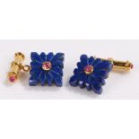 Pair of lapis lazuli and ruby cufflinks, the gilt links with ruby set ends