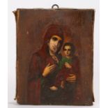 19th Century Madonna and child, oil on panel with suspension hook, unsigned possibly Greek 14cm x