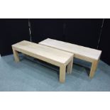 Pair of light oak benches, on square legs, 140cm wide (2)