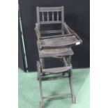 Child's metamorphic high chair/rocking chair, with turned spindle back and pierced seat