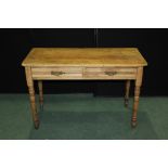 Edwardian pine side table, with two frieze drawers, on turned legs, 108cm wide