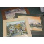 Three watercolour paintings of a village and waterside scenes by the artist Jan Wasilewski (after