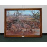 Oil on canvas by the artist Jan Wasilewski of warthogs at a watering hole, 60cm x 44.5cm (after