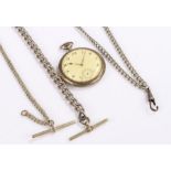 Continental silver open faced pocket watch, three white metal pocket watch chains (4)