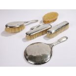 George V silver dressing table set, Birmingham 1929, maker HM, with scroll decorated handles,