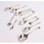 Silver, various dates and makers, to include sugar tongs, preserve spoon, apostle spoons etc. 4oz