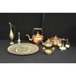 Metalware to include copper kettle, brass tray, copper pot and cover etc. (qty)