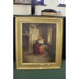 Oil on canvas, interior scene with seated mother and child, housed in a gilt frame, the oil 62.5cm x