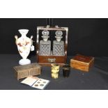 Objects, to include horn cups, a coin set, a tantalus, a box, a musical box and a glass vase, (6)