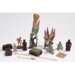 Mixed lot to include two Chinese chess pieces, matchbox holder, a carved bird etc (qty)