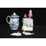 19th Century cream ware jug, with blue and white transfer decoration, together with a