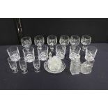 Set of six glass whisky tumblers, six wine glasses, the liqueur glasses, cruet set, two small