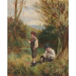 W D.T, boys fishing for sticklebacks, initialled oil on board, housed in a gilt frame, the oil 24.