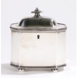 19th Century plate on copper tea caddy, the domed hinged lid with oval finial and beaded rim, on a