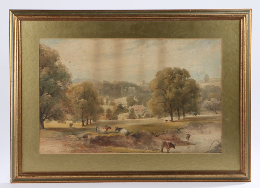 19th Century British school, Cows within the grounds of a large home, unsigned watercolour, 46cm x - Image 2 of 2