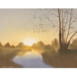 Tony Garner (B1944), riverside scene with setting sun to the rear ground, signed watercolour and