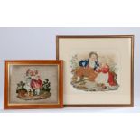 19th century needlework and beadwork picture depicting a young boy kissing a girl on the cheek,