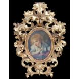 George III gilt wood frame, of small proportions having projecting acanthus leaf surround to the