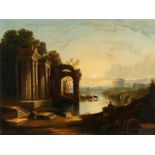 19th Century landscape scene with ruins, figures and cattle watering to the foreground, bridge and