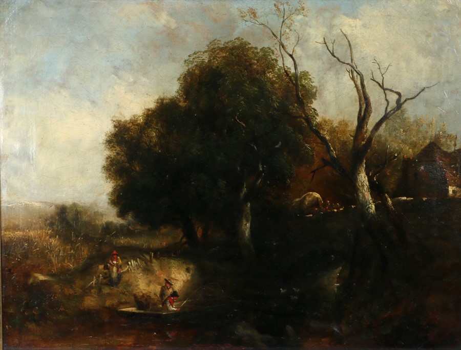 19th Century British school, Figures fishing by a cottage, unsigned oil on canvas, 60cm x 46cm