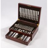 Canteen of Roberts & Belk silver plated cutlery, with scroll decorated handles, place settings for